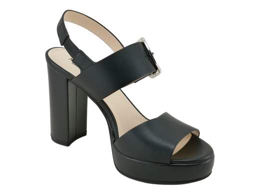 Elegante sandalo NeroGiardini con tacco a blocco da 10 cm, plateau e fascia regolabile con fibbia metallica, disponibile in nero e cuoio, perfetto per cerimonie ed eventi.