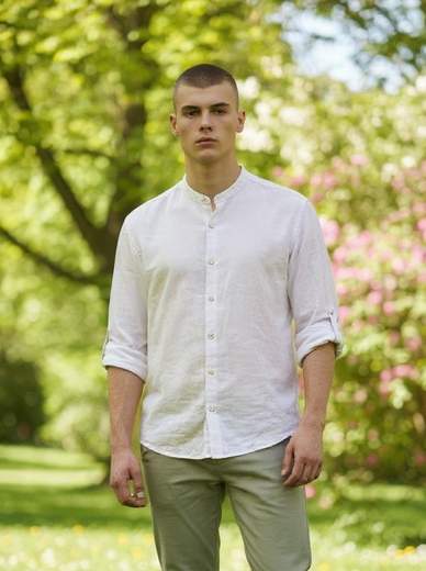 STILL Camicia Uomo in Lino Collo Coreano – Camicia Estiva Leggera