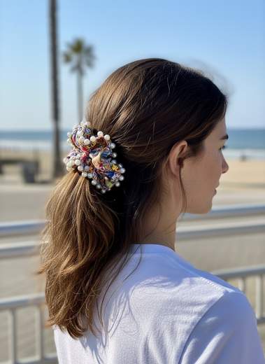 STILL Scrunchie Donna Fantasia Maiolica con Perle Decorative – Elastico Capelli Elegante