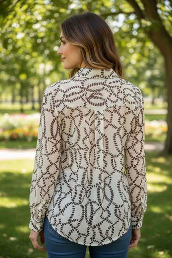 Camicia Donna a Righe Marroni e Beige con Fiocco in Vita