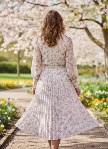 STILL Abito Midi Floreale Plissé con Cintura