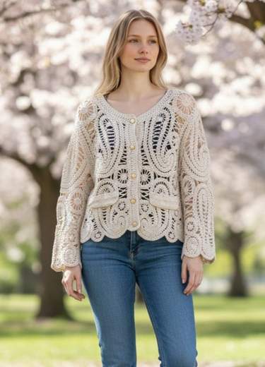 STILL Cardigan Traforato con Bottoni e Tasche – Maglia Crochet Chic