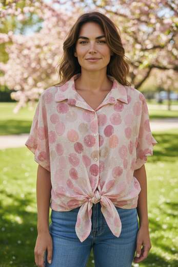 STILL Camicia Donna Pois Rosa Trasparente con Nodo – Blusa Leggera Elegante Estate