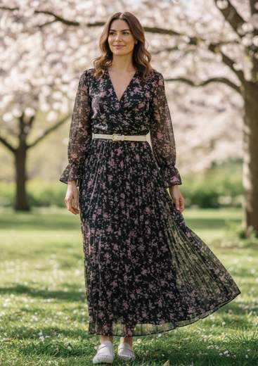 STILL Abito Midi Floreale Plissé con Cintura