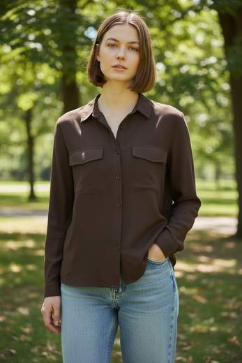 STILL Camicia Marrone con Tasche Frontali e Maniche Lunghe