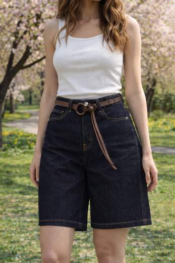 STILL Shorts Denim Donna Baggy con Cintura – Bermuda Vita Alta Casual