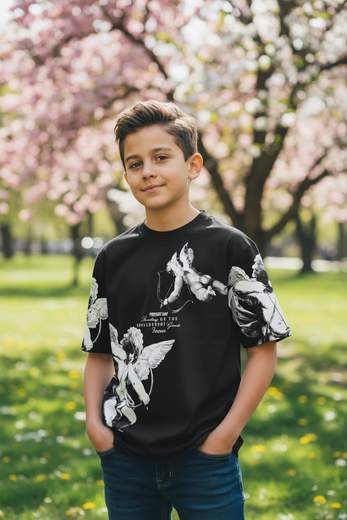 STILL T-shirt Bambino Nera con Stampa Angelo - Maglietta Streetwear Kids
