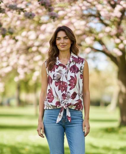 Camicia Donna Floreale Senza Maniche con Nodo