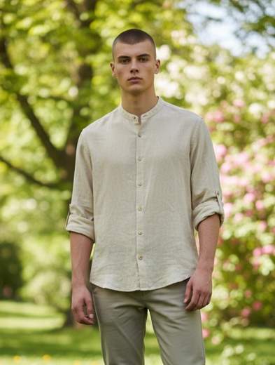 STILL Camicia Uomo in Lino Collo Coreano – Camicia Estiva Leggera