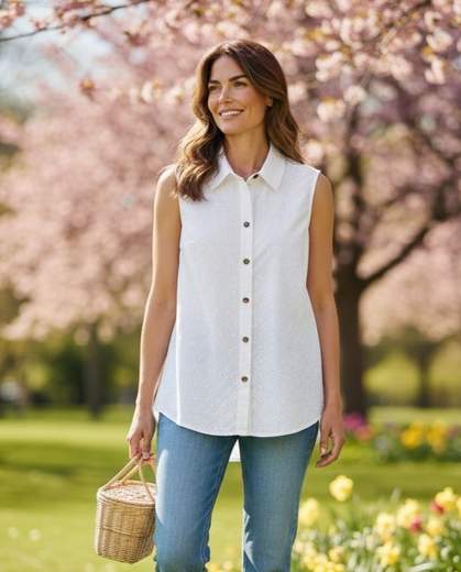 STILL Camicia Smanicata Donna in Cotone Sangallo – Blusa Estiva Elegante