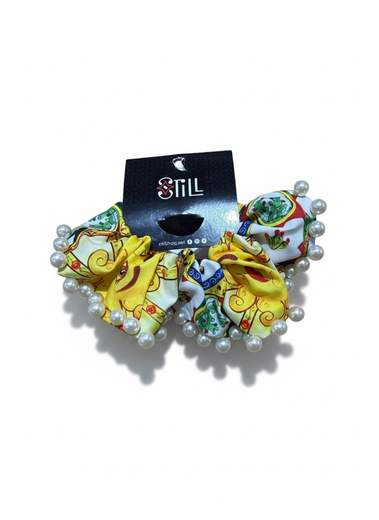STILL Scrunchie Donna Fantasia Maiolica con Perle Decorative – Elastico Capelli Elegante