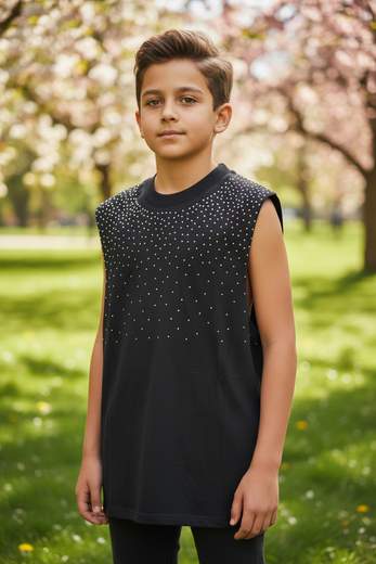 STILL Canotta Junior Oversize Nera con Strass - Top Bambino Streetwear