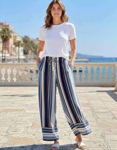 STILL Pantaloni Donna Palazzo a Righe con Vita Elasticizzata