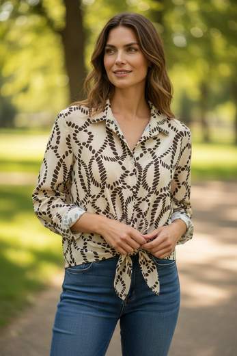 Camicia Donna a Righe Marroni e Beige con Fiocco in Vita