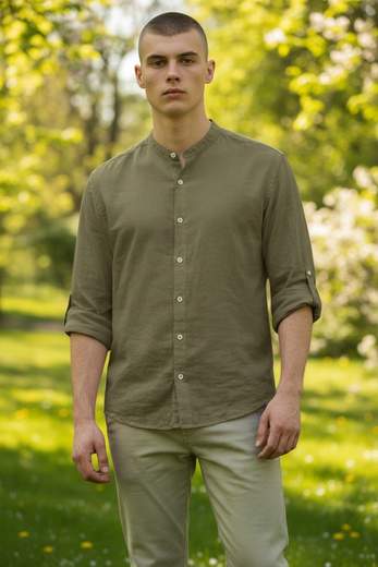 STILL Camicia Uomo in Puro Lino Collo Coreano – Camicia Estiva Traspirante