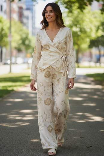 STILL Completo Donna Estivo con Pantalone Palazzo e Blusa Ricamata