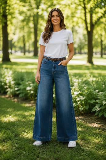 STILL Jeans Donna Palazzo a Vita Alta con Cintura e Tasche
