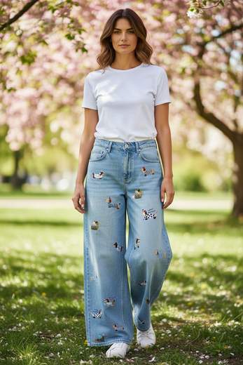 STILL Jeans Donna Wide Leg con Ricami – Pantaloni Denim Vita Alta Gamba Larga