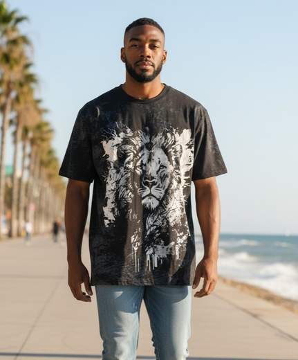 STILL T-shirt Uomo con Stampa Leone – Maglietta Nera Cotone Stampa Grafica