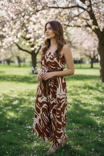 STILL Abito Tuta Donna Fantasia con Pantalone Palazzo e Cintura