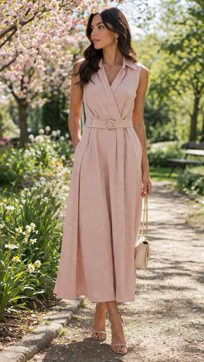 STILL Abito Midi Donna Elegante con Cintura – Vestito Smanicato Rosa Cipria