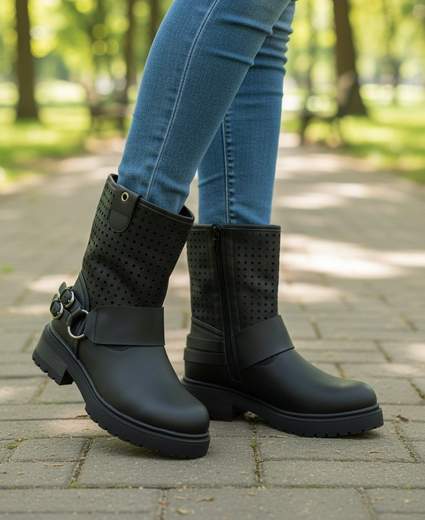 STILL Stivaletti Donna Neri Traforati con Fibbie Decorative e Suola Carrarmato