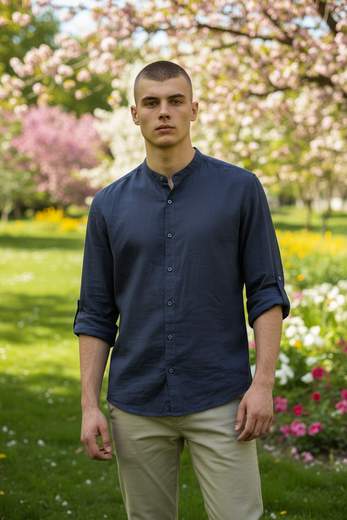 STILL Camicia Uomo in Lino Collo Coreano – Camicia Estiva Leggera