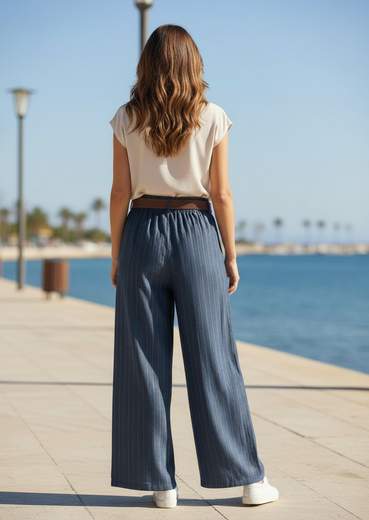 STILL Pantalone Donna Palazzo a Righe con Cintura