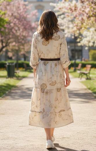 STILL Abito Lungo Estivo con Manica 3/4 e Cintura – Ricamato con Gonna a Balza