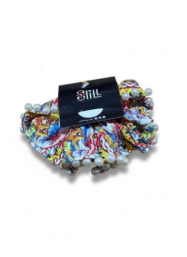 STILL Scrunchie Donna Fantasia Maiolica con Perle Decorative – Elastico Capelli Elegante