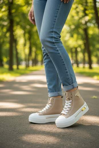 STILL Sneakers Alte Donna Beige Platform con Dettagli Oro