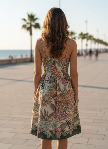STILL Vestito Midi Donna Fantasia Floreale Tropicale con Spalline e Vita Elasticizzata