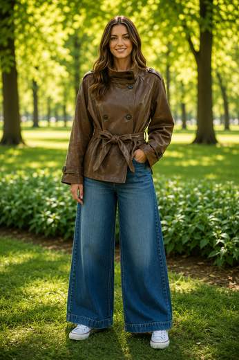 Giacca Donna Trench Corta in Ecopelle Marrone con Cintura e Colletto Alto