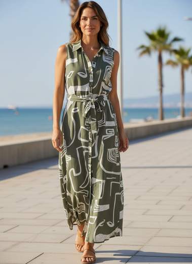 STILL Vestito Chemisier Lungo Donna Fantasia Geometrica con Cintura
