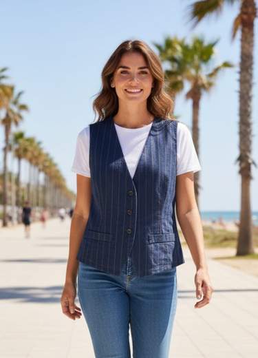 STILL Gilet Donna Gessato Blu con Bottoni – Elegante Casual