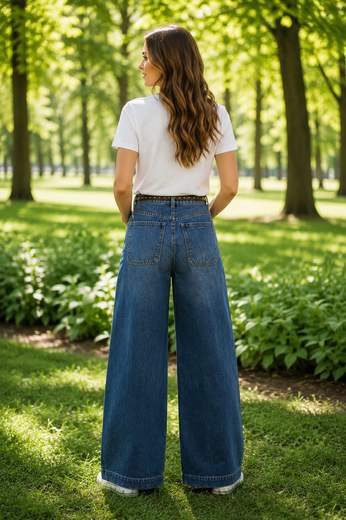 STILL Jeans Donna Palazzo a Vita Alta con Cintura e Tasche