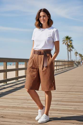 STILL Bermuda Donna a Righe con Cintura e Vita Alta