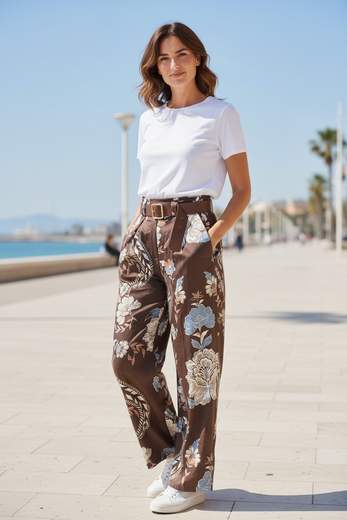 STILL Pantaloni Palazzo Donna a Vita Alta con Stampa Floreale e Cintura