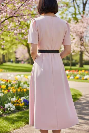 STILL Abito Midi Rosa Cipria con Maniche a Sbuffo – Eleganza Minimal Chic