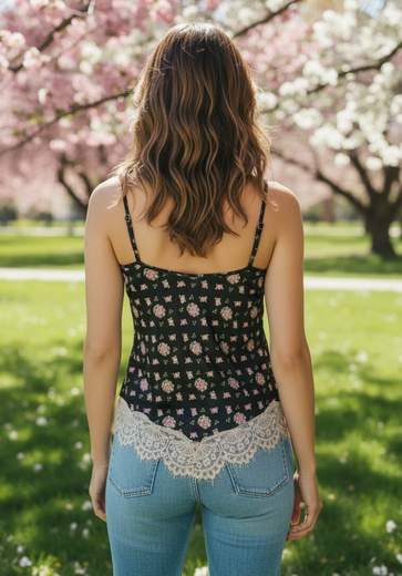 STILL Top Floreale con Spalline Sottili e Dettaglio in Pizzo