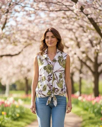 STILL Camicia Donna Floreale Senza Maniche con Nodo - Blusa Estiva