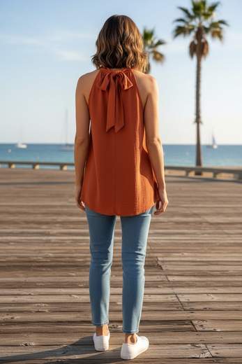 STILL Top Donna Halter con Scollo Arricciato e Fiocco sul Retro