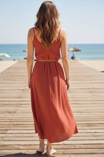Abito Lungo Donna con Spalline e Cintura