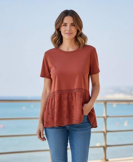 STILL Maglia Donna con Balza Sangallo e Manica Corta