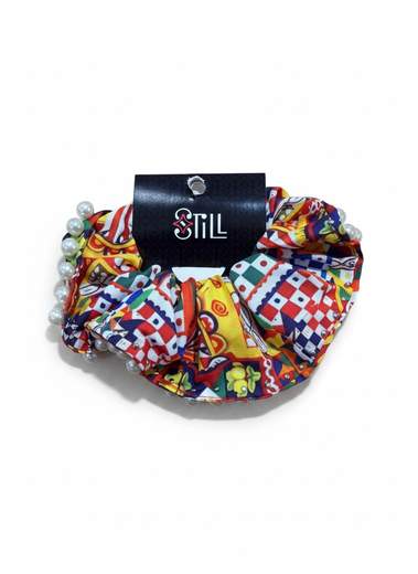 STILL Scrunchie Donna Fantasia Maiolica con Perle Decorative – Elastico Capelli Elegante