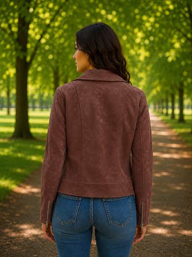 STILL Giacca Donna Effetto Pelle Marrone con Colletto a Revers e Cerniere