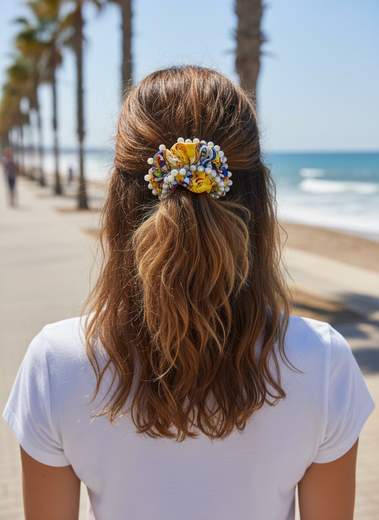 STILL Scrunchie Donna Fantasia Maiolica con Perle Decorative – Elastico Capelli Elegante