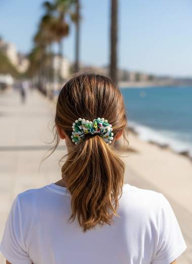STILL Scrunchie Donna Fantasia Maiolica con Perle Decorative – Elastico Capelli Elegante