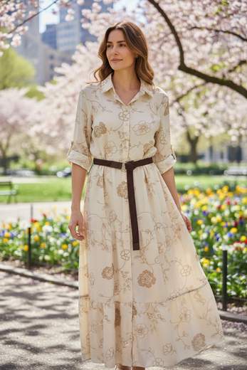 STILL Abito Lungo Estivo con Manica 3/4 e Cintura – Ricamato con Gonna a Balza