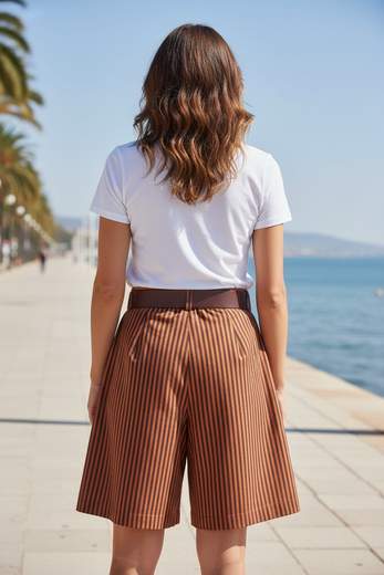 STILL Bermuda Donna a Righe con Cintura e Vita Alta